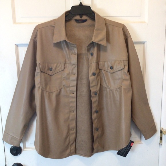 Excuse Womens Tan Faux Leather Lightweight Layering Button Up Jacket Top Large - Picture 2 of 9